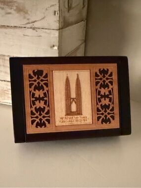 Petronas Twin Towers Wooden Keepsake Trinket Box - Malaysia  /Brown and Tan